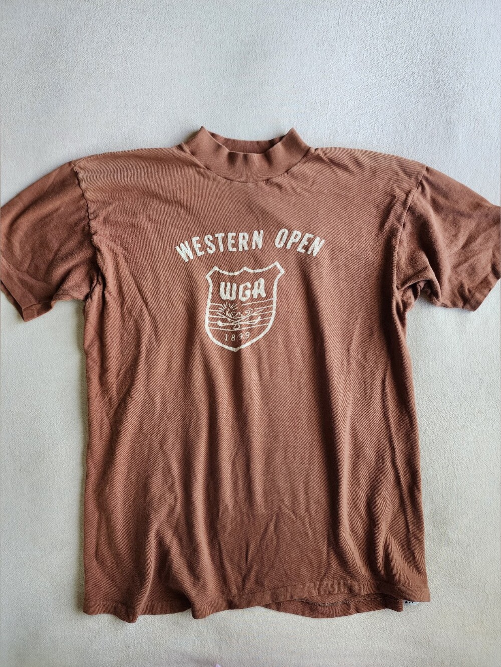 Vintage Single Stich Brown Mock Neck Tee Short Sleeve Western Open WGA 1899